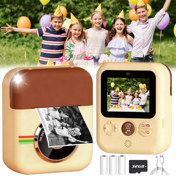 Aparat Foto Instant Copii, BYONDSELF®, Retro, Ecran de 2.4 Inch, Card Memorie 32G, Video Full HD, 3 Role de Hartie Termica si Lant, Recomandat pentru 3-12 Ani