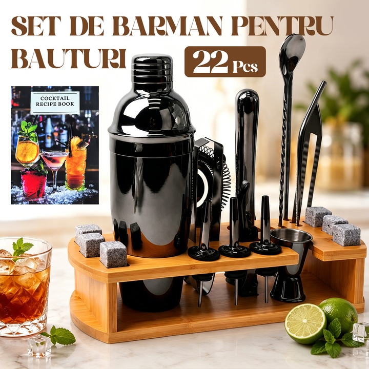 Set de Barman pentru Bauturi, BYONDSELF®, 22 Pcs, 705 Ml, Suport Bambus, cu Pietre de Gheata/Manual de Retete Cocktail, Otel Inoxidabil, Potrivit pentru Casa/Petreceri, Negru