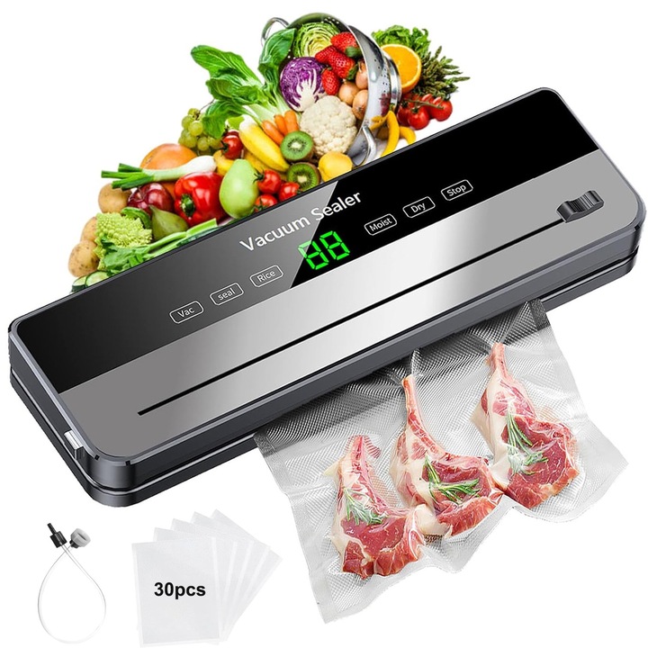 Aparat de Vidat si Sigilat Alimente, BYONDSELF®, 120W, 6-In-1, Functii Uscat/Umed/Vid Moale, cu 30 Pungi de Conservare, Cutit Integrat, Panou Control Tactil, Gri Inchis