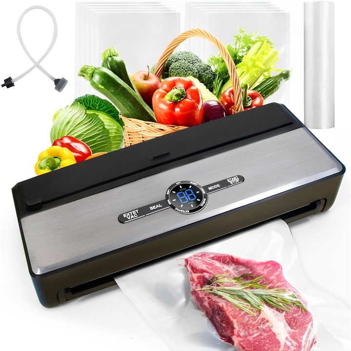Vákuumos élelmiszer-csomagoló, BYONDSELF®, 85KPA, Száraz/Nedves/Lágy vákuumozási funkciók, 10 tartósítótasakkal, Beépített késsel, Dupla motorral, Érzékeny élelmiszerekhez alkalmas, Sötétszürke