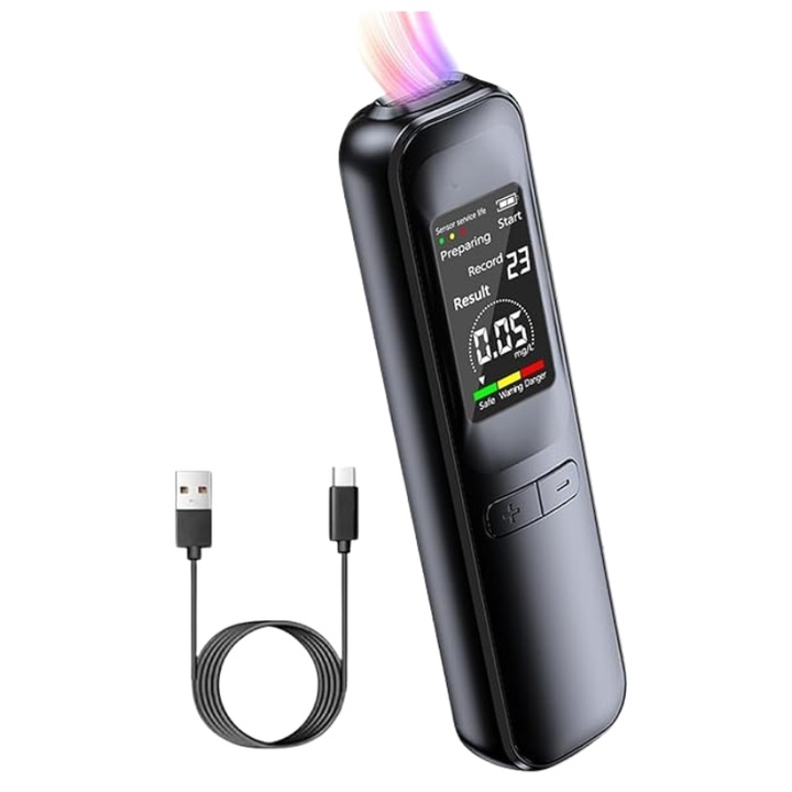 Alcool Tester Non-Contact IdealTI, Etilotest cu Afisaj Digital LCD Trei Culori, Memorie 50 masuratori, Cablu USB, 98x26.3x15.5mm