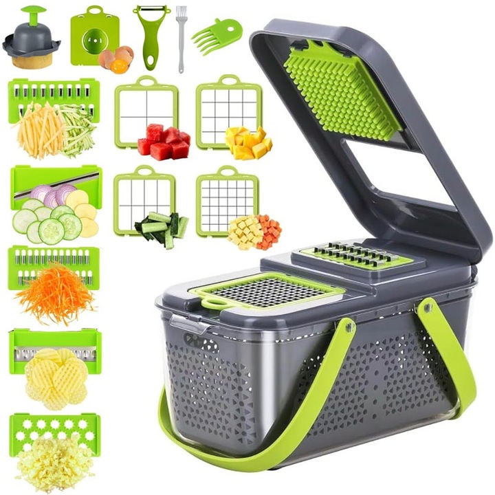 NEXTLY многофункционално ренде за зеленчуци и плодове, сменяеми остриета за рязане, кълцане, стъргане, смилане, контейнер с капак, разделителна плоча, сепаратор за яйца, белачка за зеленчуци, остриета от неръждаема стомана, сиво-зелен m2