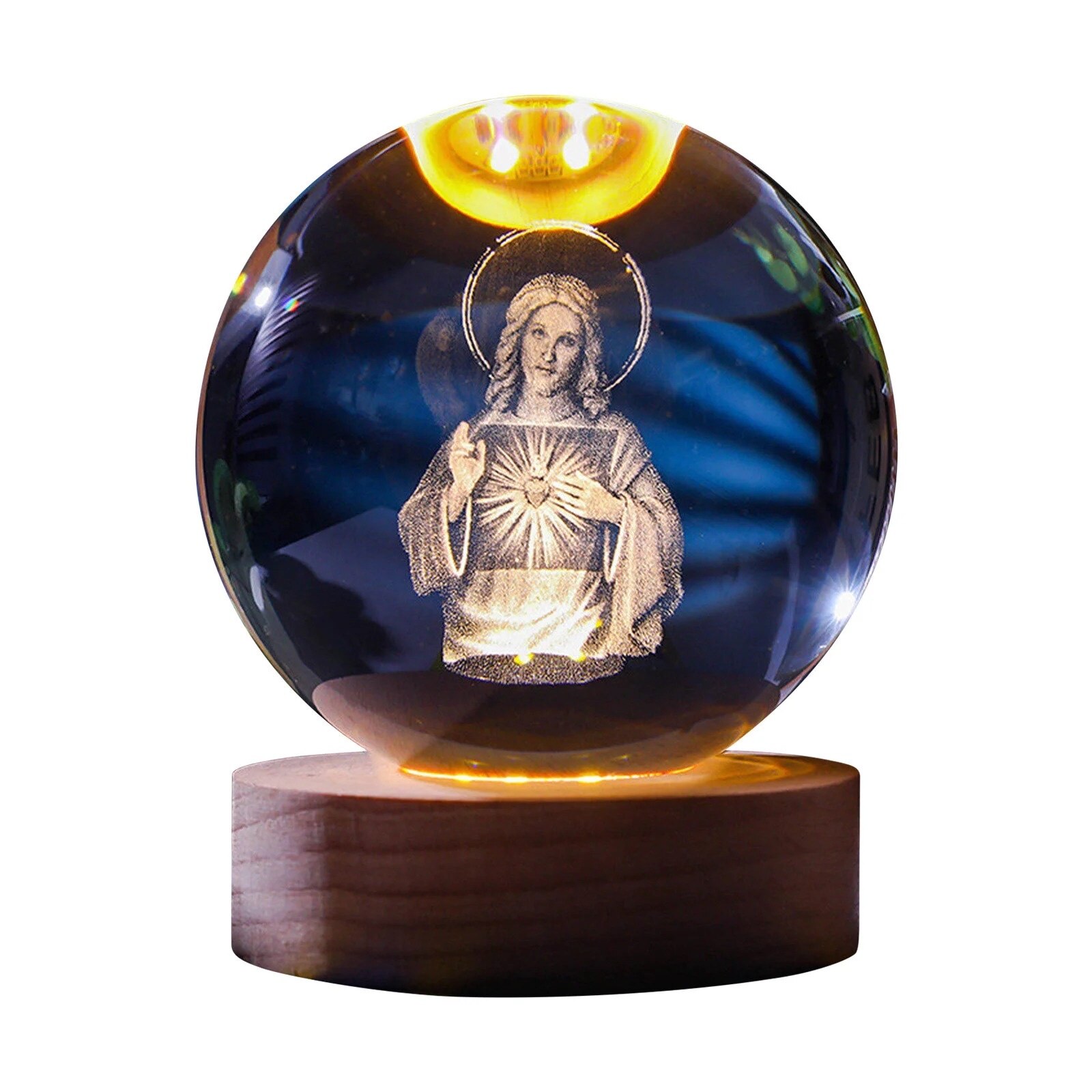 Glob de cristal cu iluminare LED, figura religioasa, suport din