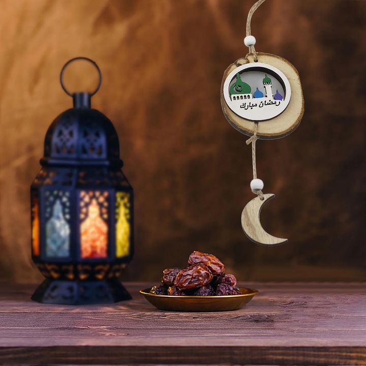 Pandantiv din lemn Kulban cu stea cu cinci colturi, decorare Ramadan, multicolor, dimensiuni variate
