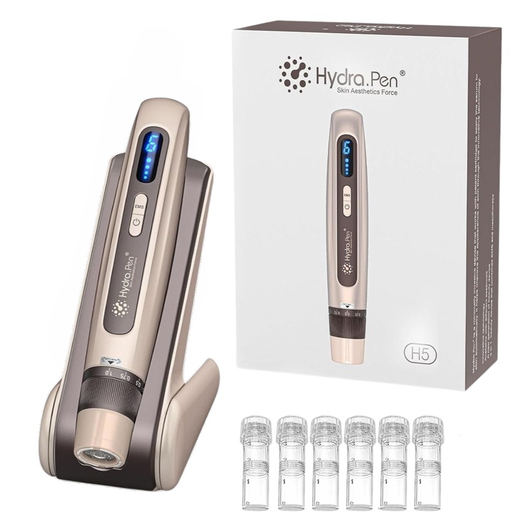Уред за микронидлинг и мезотерапия Dermapen Hydra Pen H5 Original, с EMS микроток, 6 скорости, пакет от 6 оригинални 12-пинови патрона, запечатани в кутия – официален дистрибутор на AOOR