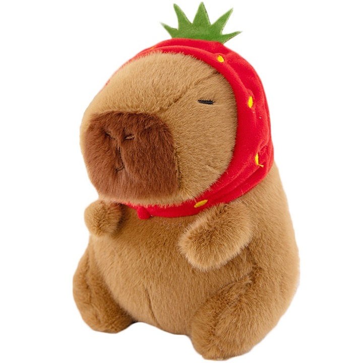 Плюшена играчка Капибара, Ягодова шапка, 9"8" (приблизително 24,9 см), Мека, Тема ягода, Великденски подарък, Кафяв