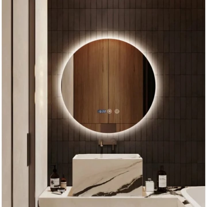 Oglinda de baie LED cu functie de dezaburire, 60 cm, Sistem Touch, Lumina Ambientala, Calda, Rece, Neutra