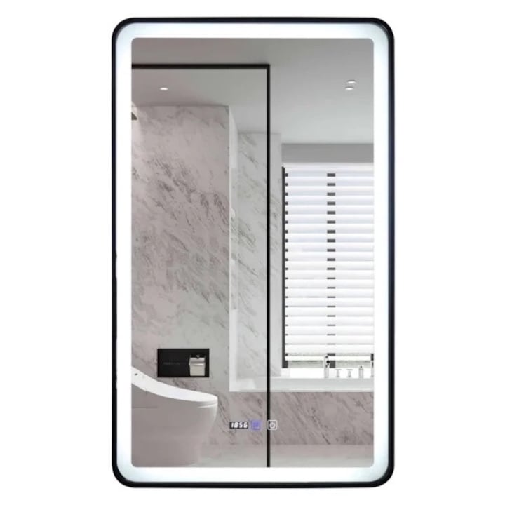 Oglinda de baie LED cu functie de dezaburire, dimensiuni 60×100 cm, Rama Neagra