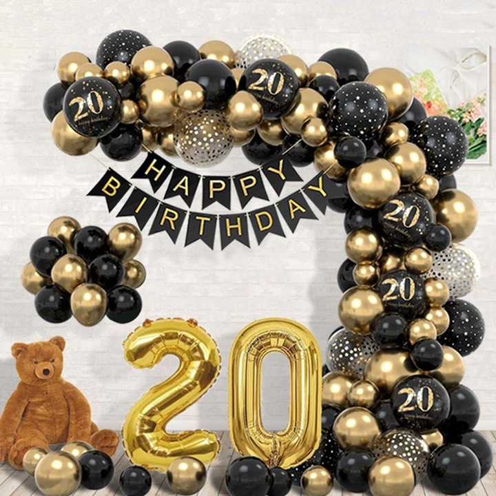 Комплект балони от фолио и латекс, Flippy, тема за рожден ден, латексови балони, фигури 2 и 0, индивидуална опаковка, включена сламка, надуване с въздух или хелий, черно злато
