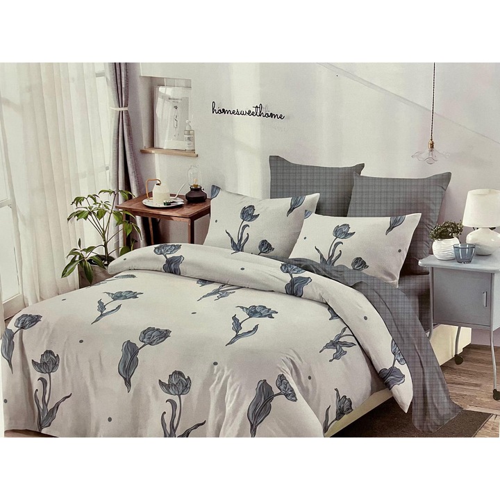 Lenjerie de pat, Finet, 6 Piese, Super Design Pucioasa, Floral, Gri / Gri Inchis, 230x250cm / 200x230cm / 50x70cm / 70x70cm