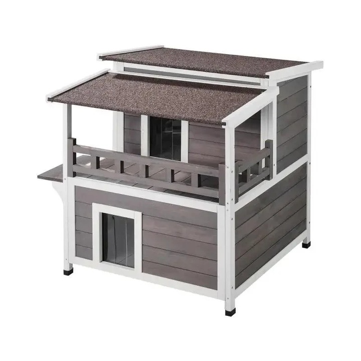 Kültéri macskaház, VEVOR, fa, 2 szintes, erkélyes, időjárásálló, barna, 76x50x73cm