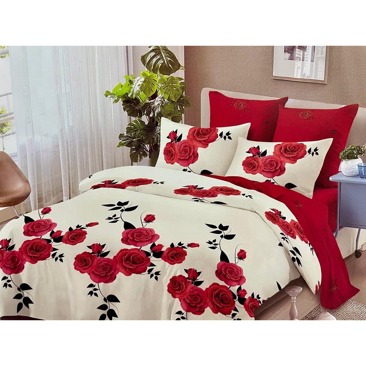 Set Lenjerie de pat, Super Design Pucioasa, Finet, 6 piese, Crem/Rosu, 245x250cm, 200x230cm, 70x70cm, 55x80cm