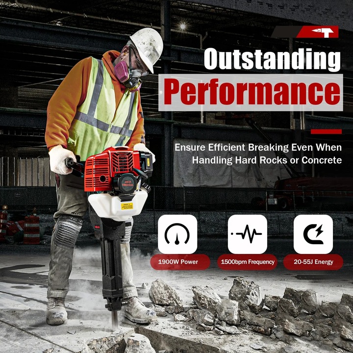 Перфоратор, 1900W, 1500bpm, 20-55J, черно/червено/бяло, 61x38.5x26.5cm, със заострен секач и плоско длето