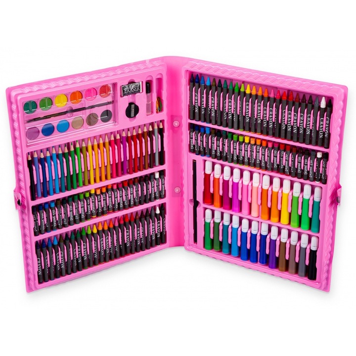 Mega set complet 168 elemente, pentru pictura si desen, cu acuarele, carioci, creioane cerate in valiza compartimentata Pink