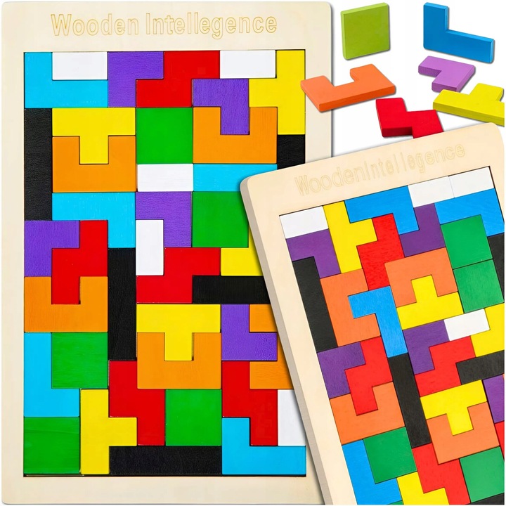 Дървен пъзел Tetris, 40 части, многоцветен, 26.7x17.8x3cm, образователен комплект за деца и възрастни
