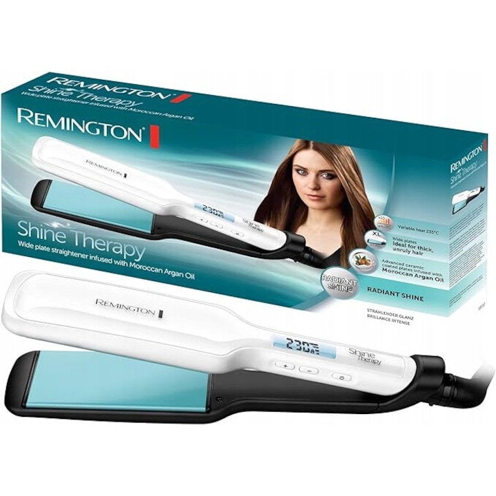 Преса за коса Remington S8550, керамика, арганово масло, 110x50 мм, бяло/черно