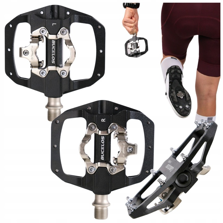 Педали за велосипеди, Алуминий, Платформа Spd, Двустранни, 10 щифта против приплъзване, Висока платформа 113 mm x 100 mm, Универсална резба, С включени блокове, Тегло 418 g, Черни