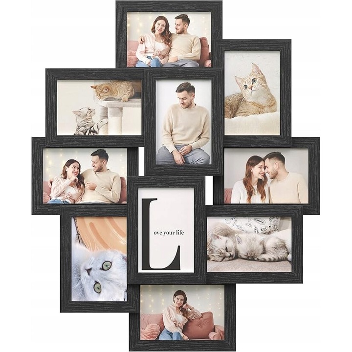 Rama foto colaj, 10 poze 10x15 cm, neagra, montare pe perete