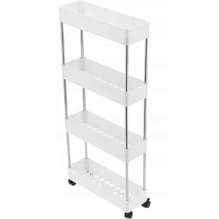 Raft mobil pentru bucatarie si baie, 4 polite, 6 carlige, alb, 85x38x13cm