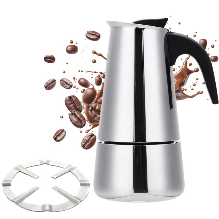 Espressor de Cafea pentru aragaz, design italian, Otel inoxidabil, 450ml, pentru 9 cesti, Cafetiera Moka, Inox