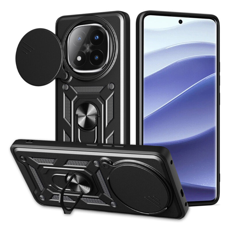 Husa telefon Mat-Tech compatibila cu Xiaomi Redmi Note 14 Pro 5G, Protectie Camera, Inel, Magnet, Anti-Shock, Rugged Protection, Negru