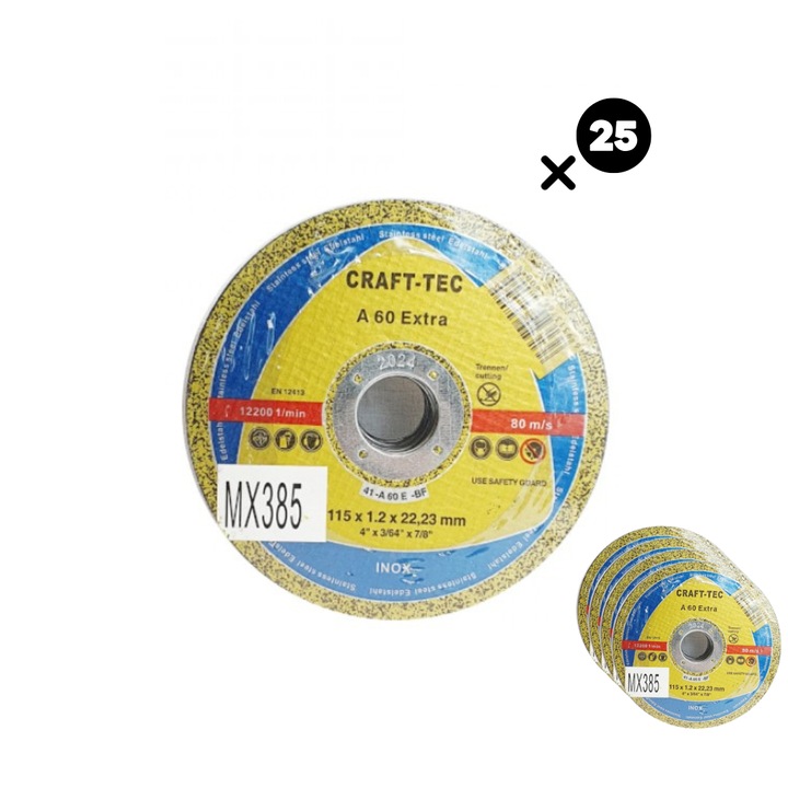 25 db-os csiszolókorong készlet fémhez/rozsdamentes acélhoz 115x1,2x22,2 mm CRAFT-TEC MX385