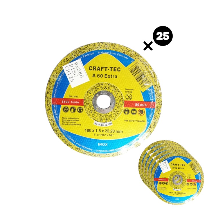 25 db-os csiszolókorong készlet fémhez/rozsdamentes acélhoz 180x1,8x22,23 mm CRAFT-TEC MX386