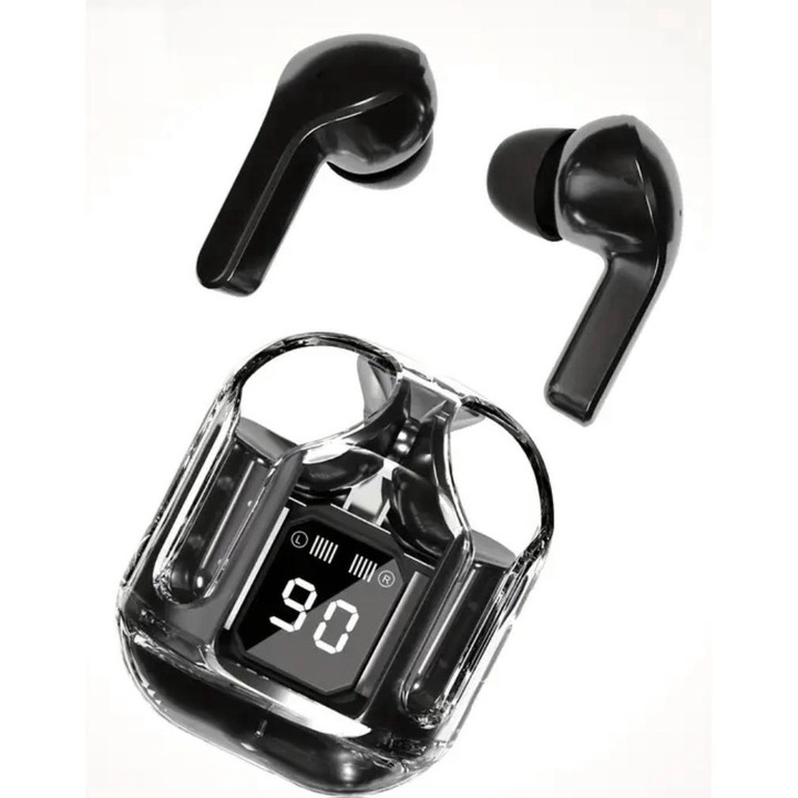 Vezeték nélküli fejhallgató, TWS, Bluetooth, mikrofonnal, érintőképernyős vezérlés, digitális kijelző, fekete