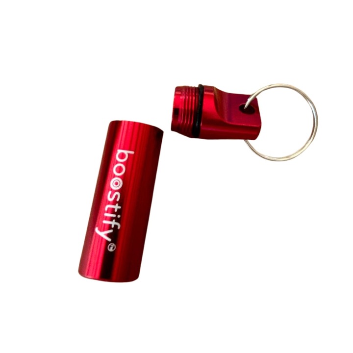 Cutie portabila pentru medicamente, tip breloc, din aluminiu culoare rosie