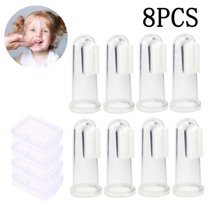 Set 8 periute de dinti pentru bebelusi cu cutie, sunvo, silicon, 3-6 luni, design cu doua fete