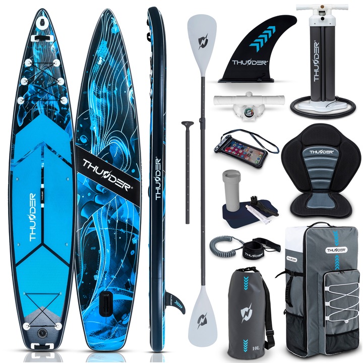 Set placa gonflabilă, Thunder, Stand Up PaddleBoard BLUET, 365x75x15cm, geantă transport, vaslă, pompă, scaun, Kit de reparatii, culoare marina