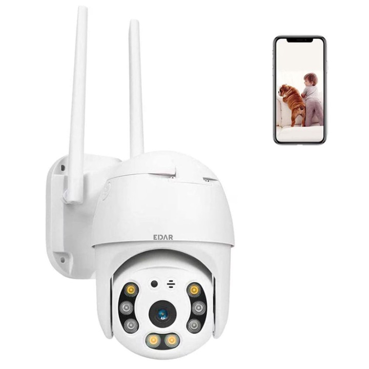 Камера за наблюдение EDAR за открито или закрито, приложение за телефон, двупосочна комуникация, детекция на движение, нощно виждане, степен на защита IP66, водоустойчивост, въртяща се, 5 MP, бяла