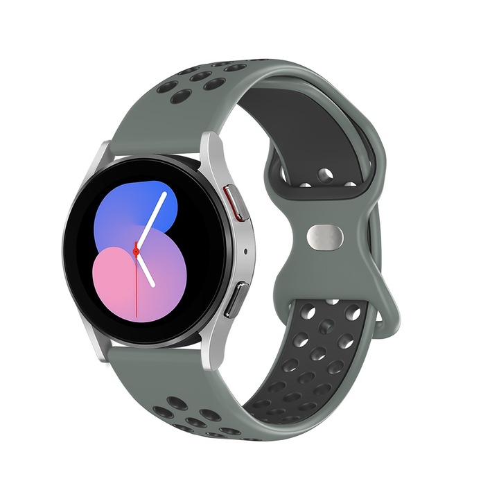 Vogo® univerzális óraszíj, amely kompatibilis a következőkkel: Xiaomi, Huawei Watch, Garmin, Amazfit, Samsung Galaxy Watch, 20 mm, perforált szilikon, szürke/fekete