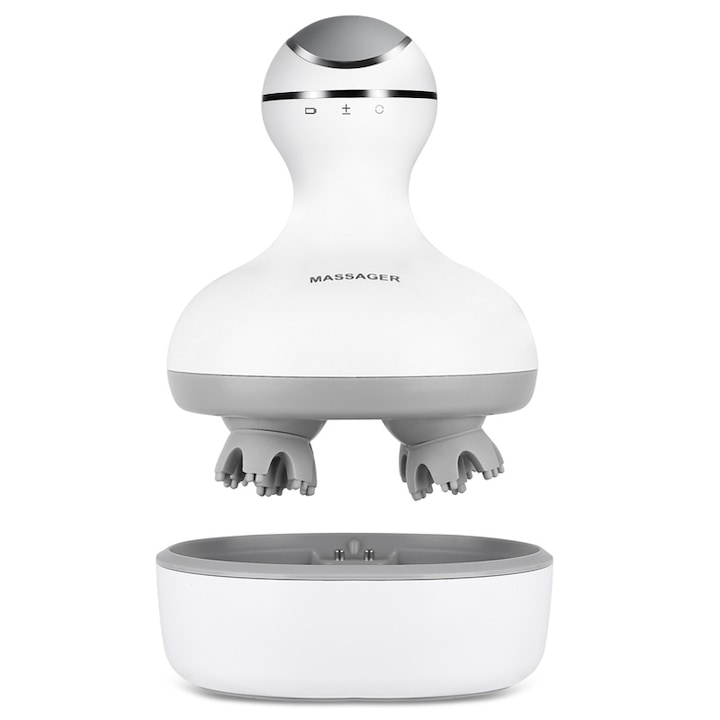 Aparat Masaj Capilar Smart, Relaxare si Crestere Sanatoasa a Parului, Rezistent la Apa, 4 Moduri Masaj, 2 Viteze, Capete de Silicon, Acumulator 1200 mAh, Stativ de Incarcare Inclus, Alb