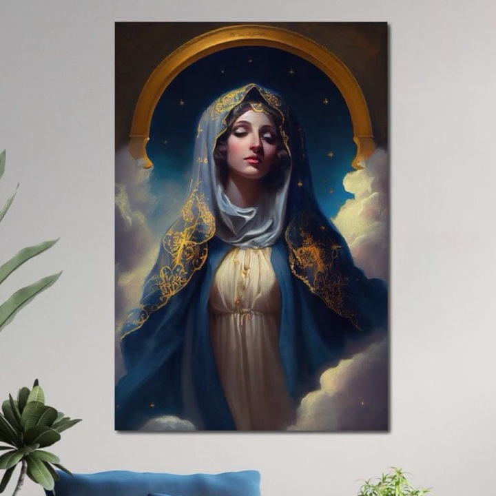 Премиум картина върху платно, LuxCanva® H1031, Божественост и благодат, 100 X 150 CM, 100% памучно платно 400g/m2, дървена рамка, Дева Мария, Божественост, Светлина, Вяра, Благодат, Небесно, Вътрешен мир, Духовност, Хол, Спалня