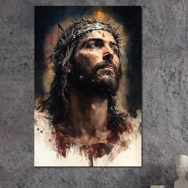 Премиум картина върху платно, LuxCanva® H1032, Страстите на Спасителя, 100 X 150 CM, 100% памучно платно 400g/m2, дървена рамка, Исус, Вяра, Спасение, Жертва, Трънен венец, Вътрешна сила, Религиозно изкуство, Хол, Спалня
