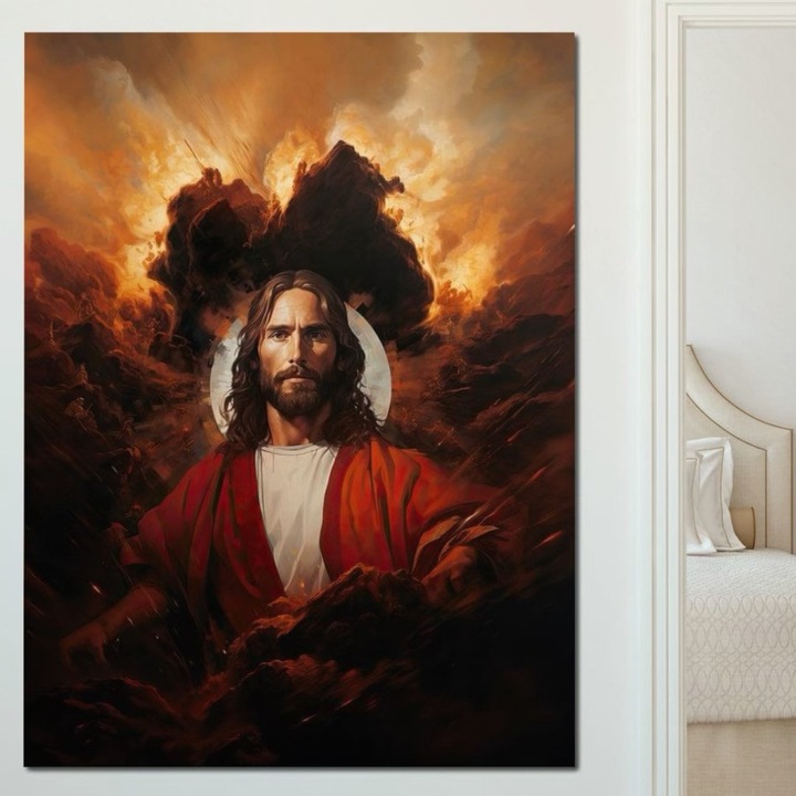 Премиум картина върху платно, LuxCanva® H1034, Силата на вярата, 100 X 135 CM, 100% памучно платно 400g/m2, дървена рамка, Исус, Вяра, Изкупление, Светлина и тъмнина, Жертва, Спасение, Религиозно изкуство, Хол, Спалня