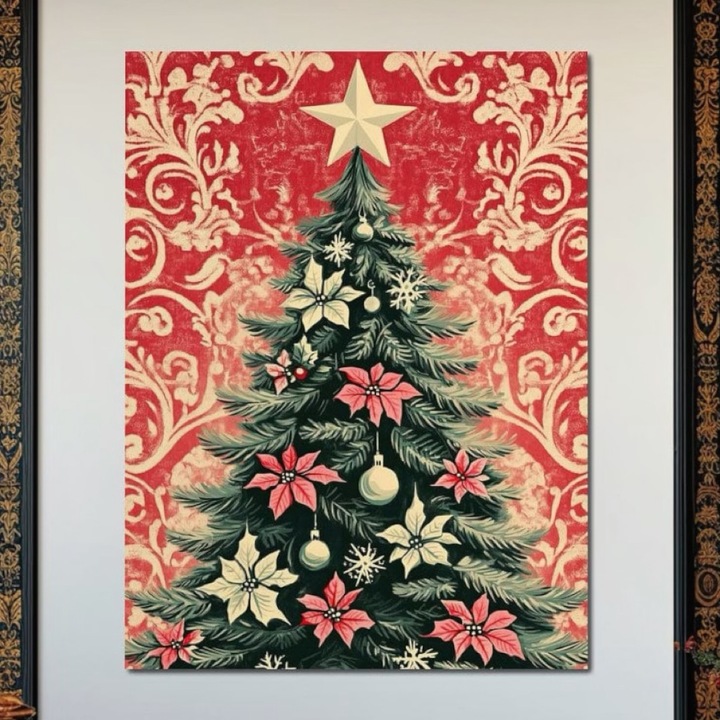 Премиум картина върху платно, LuxCanva® D1058, Винтидж Коледа, 100 X 135 СМ, 100% памучно платно 400 г/м2, дървена рамка, Коледа, Ела, Магия, Зелено, Декорирано, Звезда, Хол, Ярки цветове
