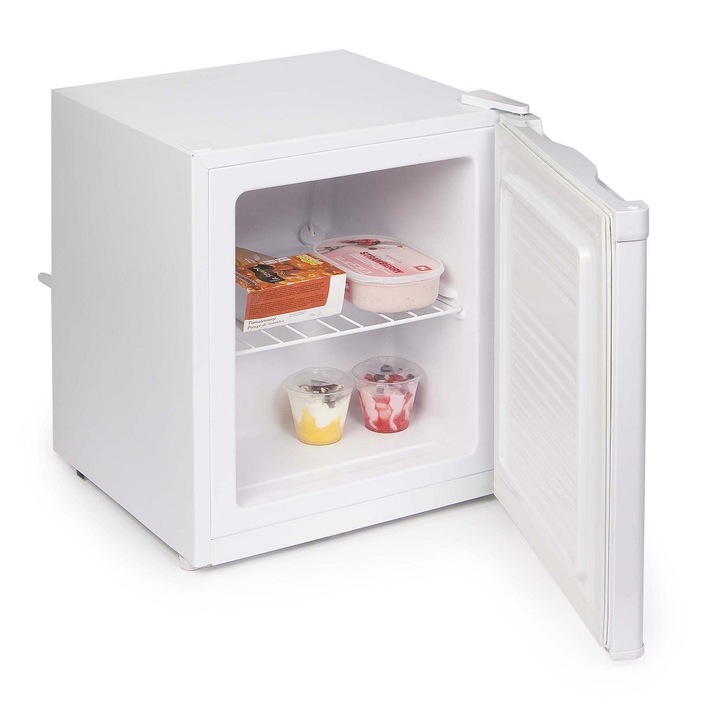 Mini congelator DOMO, capacitate 33 litri, H 51.3 cm, ideal pentru birou/hotel/rulota, consum redus, temperatura ajustabila, 2 compartimente, 1 raft din inox, usa reversibila, picioare ajustabile, design compact, dezghetare manuala, alb