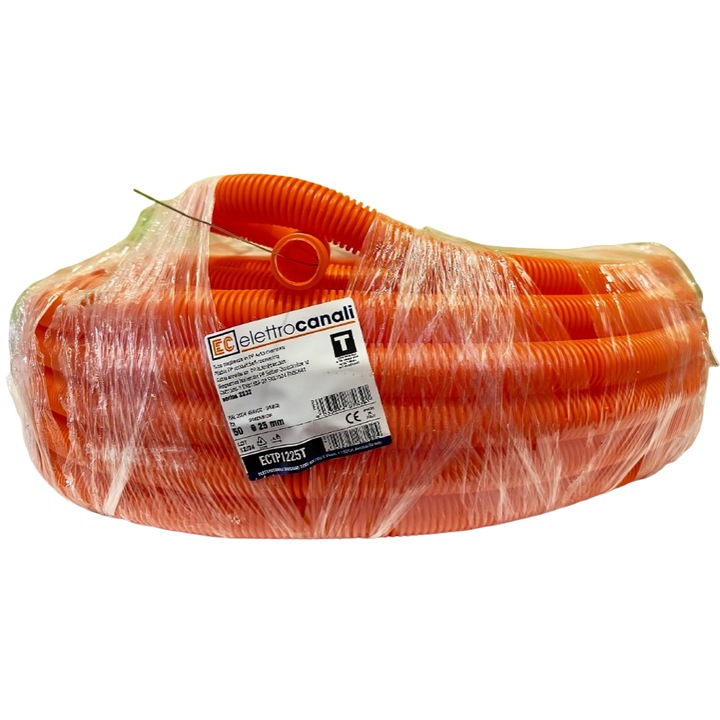 Tub Copex, Retro Electrica®, ELETTROCANALI, Ø25mm 50m, Tub Copex Cu Sonda Tragere Cablu, Tub Copex Polipropilena 320N Fara Halogeni, Autorevenire Deformare, Adaptat Ciment Lichid, Instalatii Electrice Profesionale, Portocaliu