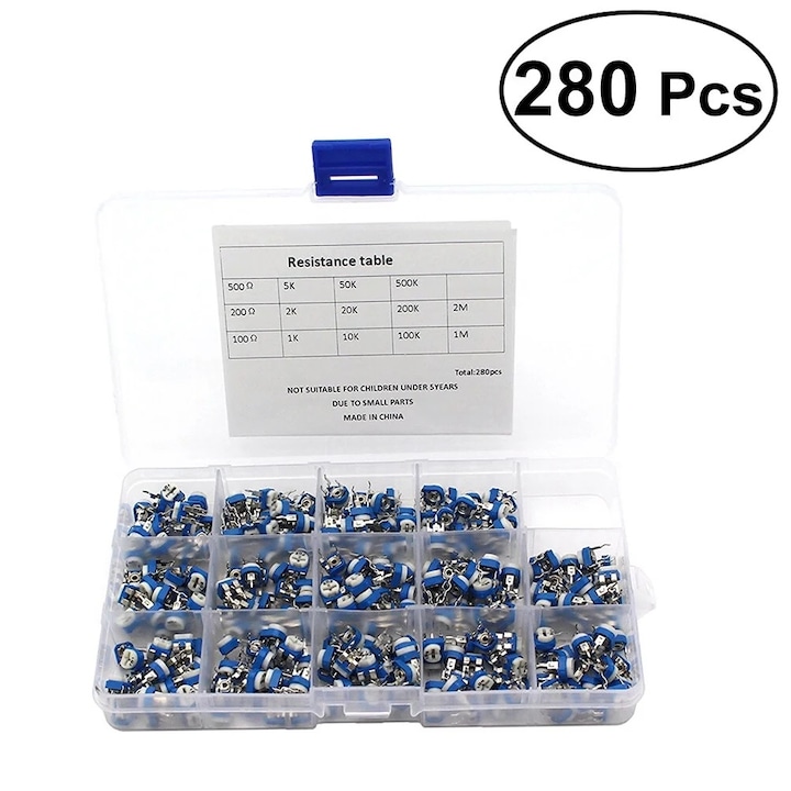 280 darabos változtatható potenciométer készlet tárolódobozzal, 14 érték, 17x9,5x2cm