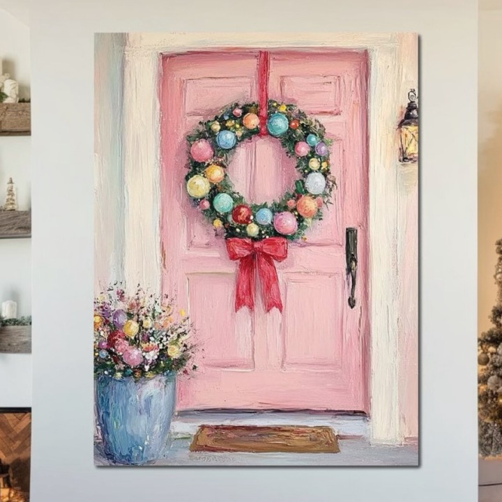 Премиум картина върху платно, LuxCanva® D1060, Добре дошли, Коледа, 100 X 135 СМ, 100% памучно платно 400 г/м2, дървена рамка, венец, розово, врата, празнично, Коледа, гости, хол, ярки цветове