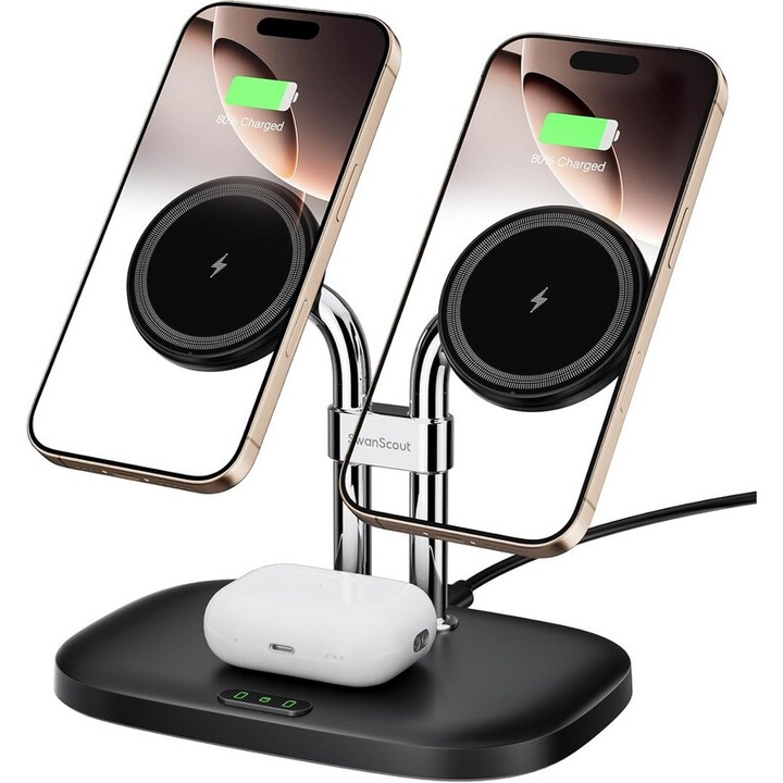 3 az 1-ben vezeték nélküli töltő, SwanScout 706M, kettős mágneses töltés, iPhone 16/15/14/13/12, AirPods Pro 2, AirPods 4/3 készülékekhez, többszínű