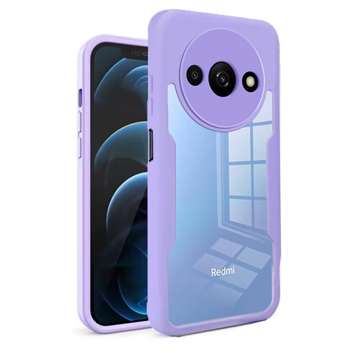 360-градусов калъф, съвместим с Xiaomi Redmi 14C, с включен протектор за екрана, удароустойчив, против пожълтяване, против надраскване, издръжлив, 3 mm повдигнати ръбове, люляк/прозрачен