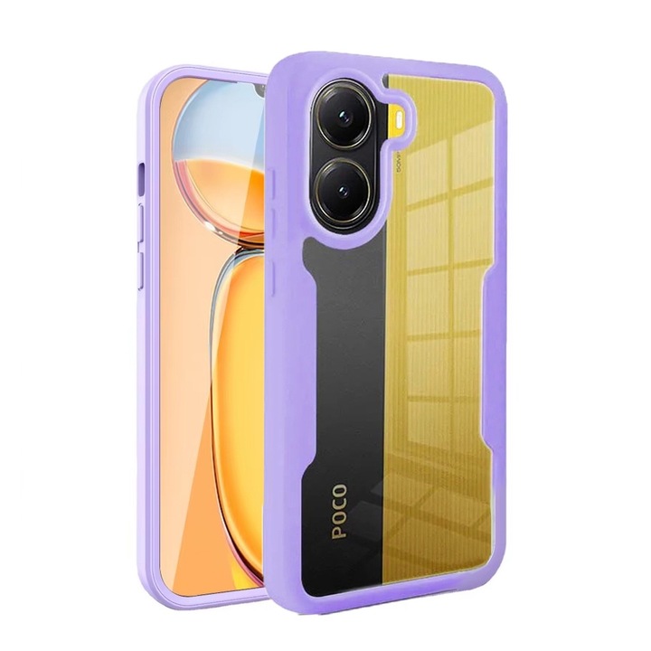 360-градусов калъф, съвместим с Xiaomi Poco X7 Pro, с включен протектор за екран, удароустойчив, против пожълтяване, против надраскване, издръжлив, 3 mm повдигнати ръбове, люляк/прозрачен