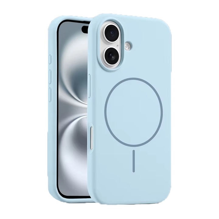 Apple iPhone 16 tok, SoftGuard Protect, MagSafe töltés, mikroszálas belső, puha szilikon, kellemes tapintású, csúszásgátló, ütéscsillapító, ujjlenyomat-mentes, ultravékony, erős mágnes, világoskék