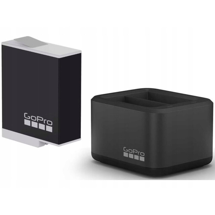 GoPro двойно зарядно с ендуро батерия, черно-сиво, комплект за GoPro Hero 9/10 черно