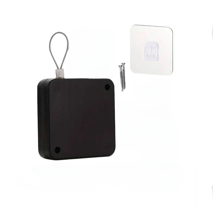 Мини автоматичен автомат за затваряне на врати, прозорци, въже 110 см, стомана, теглителна сила 1,5 кг, винтова приставка, 4,5 х 4,5 см, черен