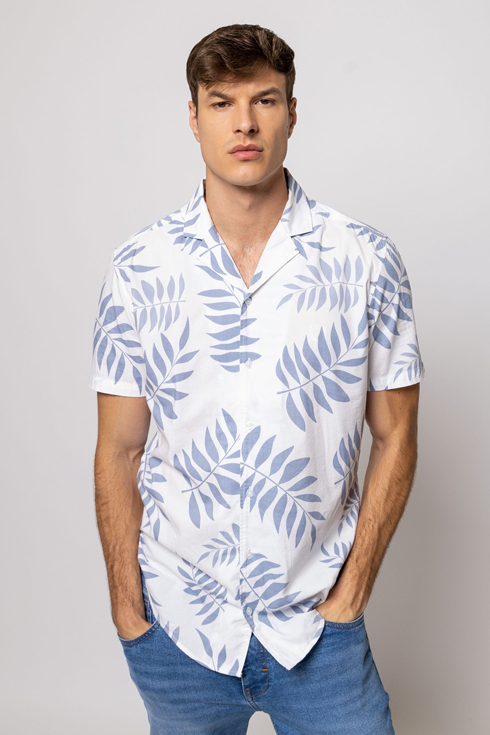 Heavy Tools, Camasa din amestec de bumbac cu imprimeu, Albastru prafuit, Alb optic, M