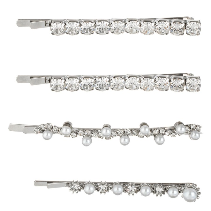 Set Agrafe Par Argintii cu Strass & Margele, 4buc, 6cm